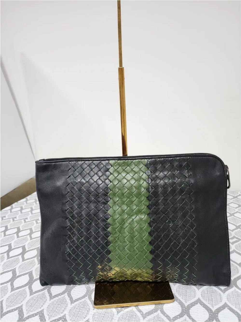 Bottega Veneta Black Leather Pouch with Green Center Stripe